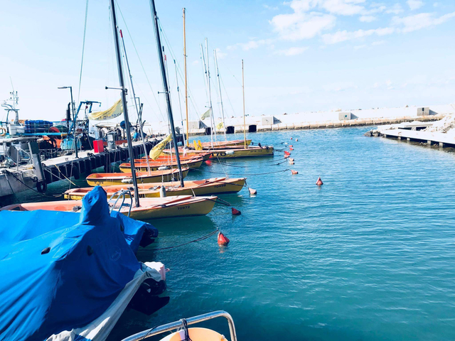 Another view of orange dinghies moored in clear blue marina water.