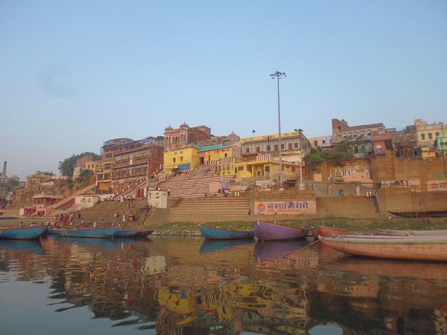 Colorful buildings by the riverside in Varanasi.