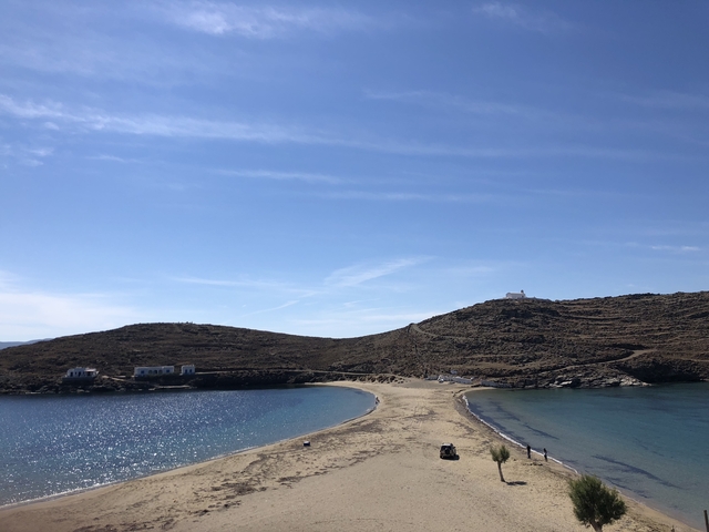 Narrow sandy beach connecting two sections of a bay.