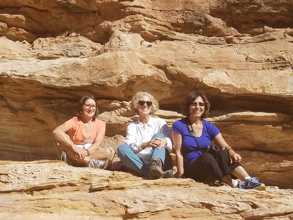 Groupe de randonneurs souriants sur un paysage rocheux.