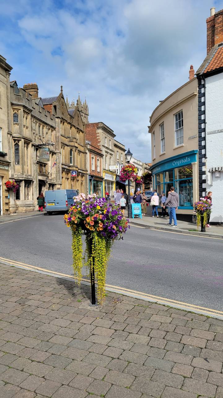 Vue de rue avec magasins traditionnels et étalages de fleurs colorés