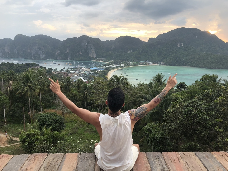 Personne contemplant une baie pittoresque avec des montagnes luxuriantes et une plage.