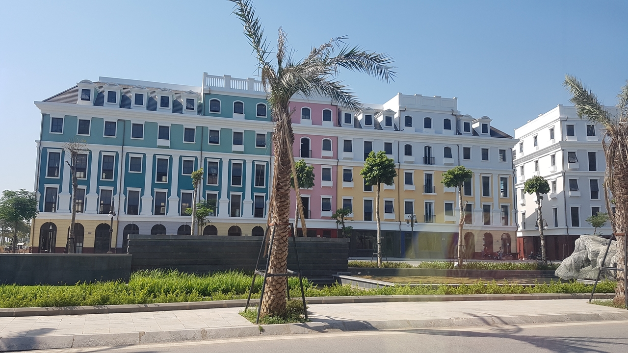 Bâtiments colorés de style colonial avec des palmiers au premier plan.