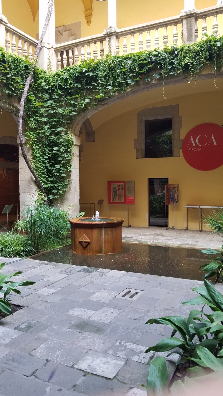Petite fontaine dans une cour avec des plantes et un mur rouge.