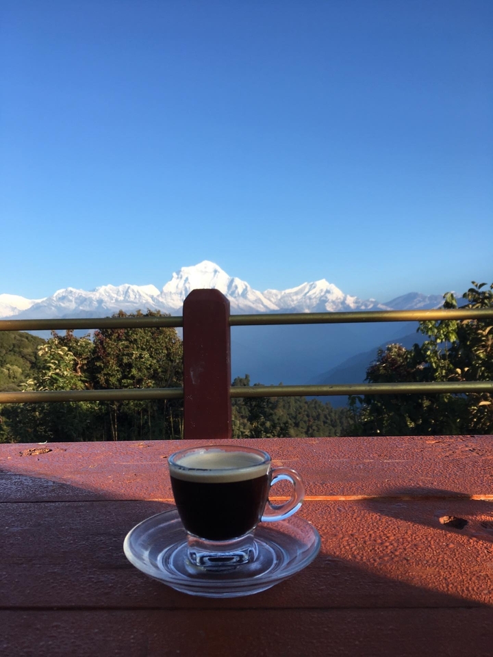 Montagnes enneigées avec une plateforme d'observation au premier plan.