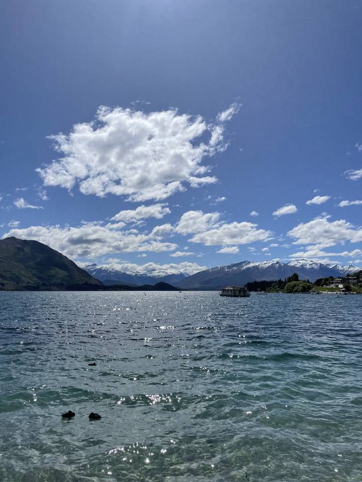 Clear water near the shore under a sunny sky.