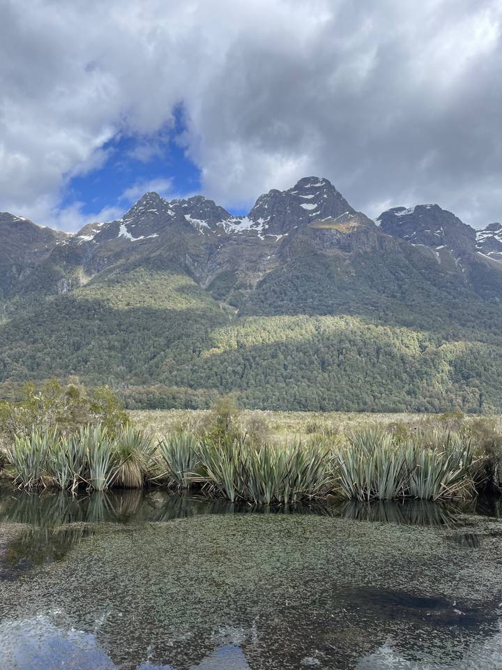 Mountain landscape with lush foliage and water.