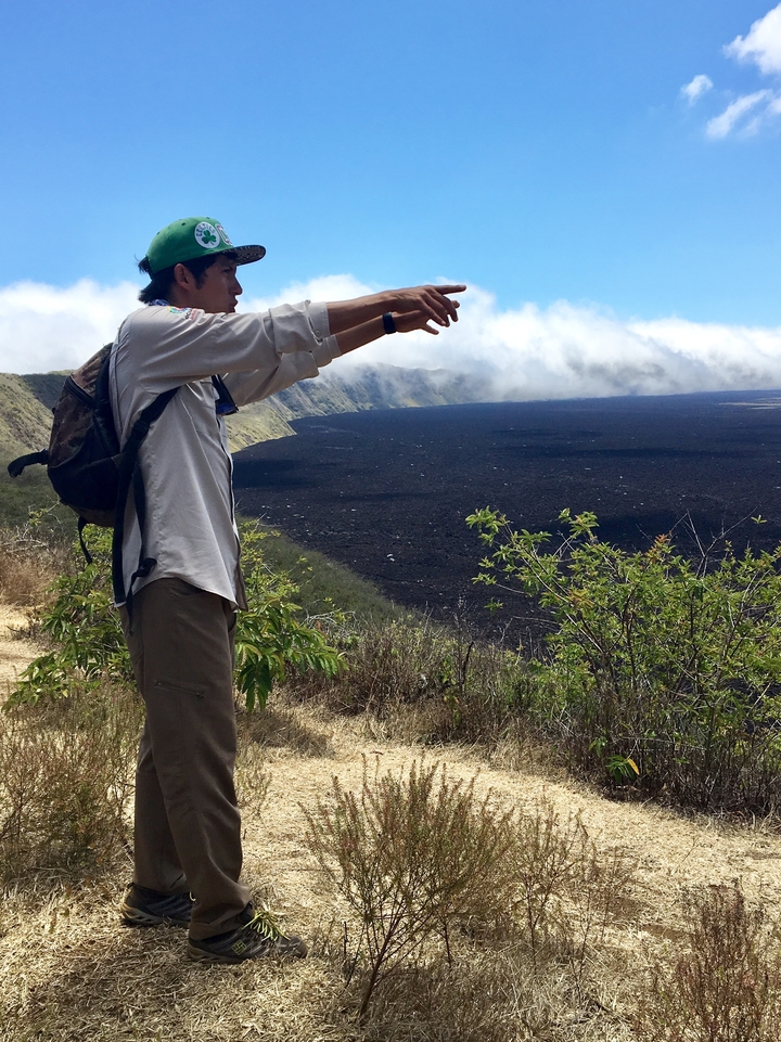 Personne pointant vers un paysage volcanique.