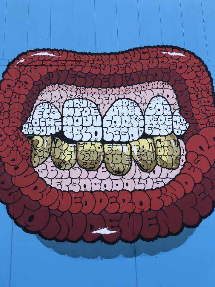 Gros plan d'une fresque unique présentant un texte stylisé en forme de dents.