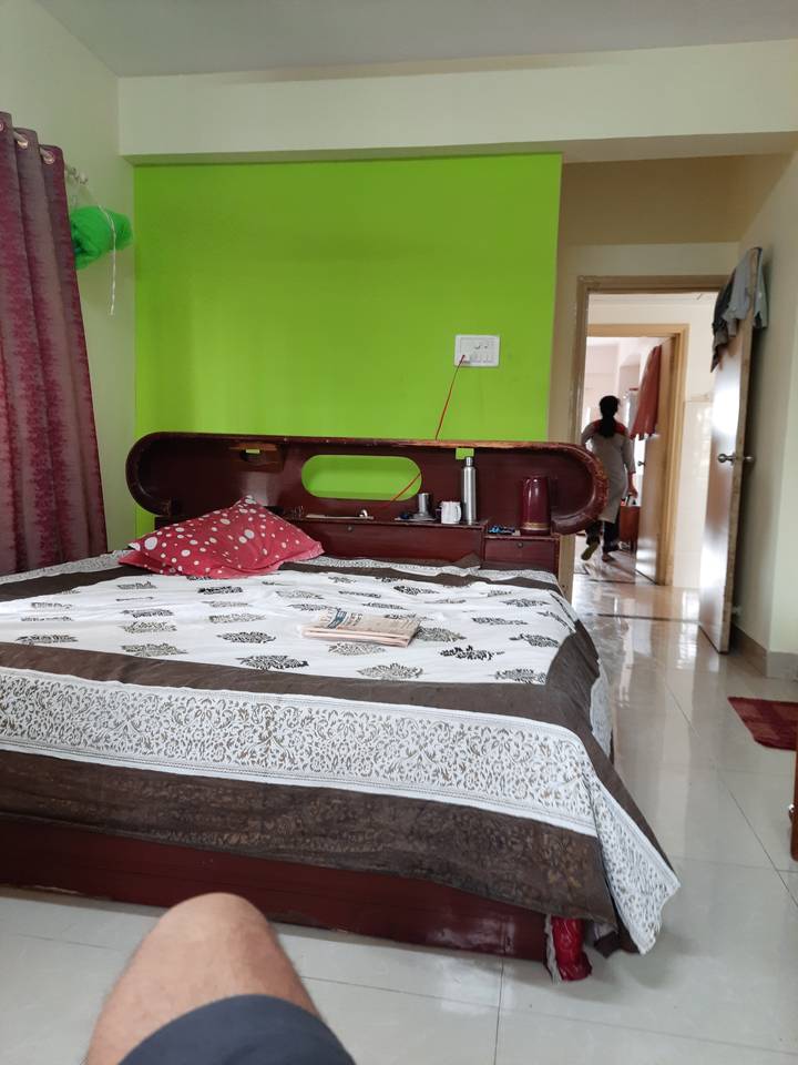 Chambre avec un lit et un mur vert, mal orientée.