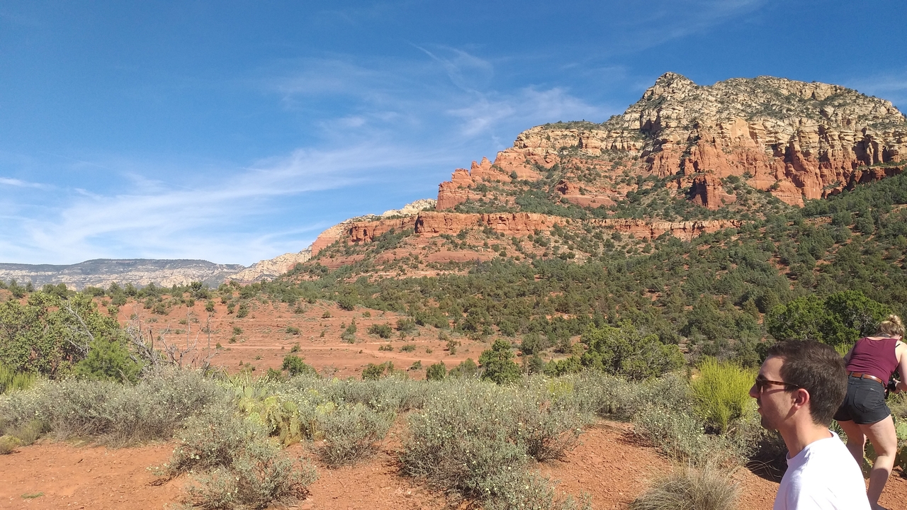 Des gens debout devant des formations rocheuses rouges et un paysage désertique à Sedona.