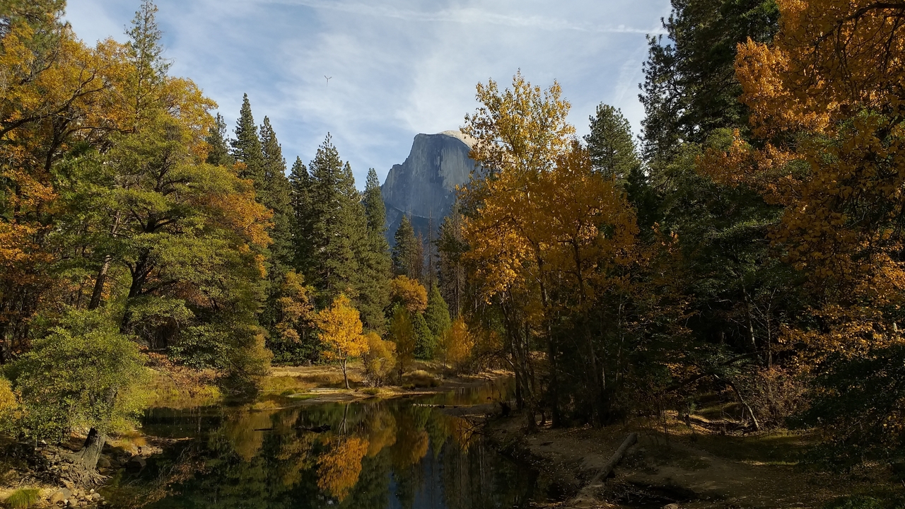 Des arbres d'automne se reflétant dans une rivière calme avec une montagne en arrière-plan à Yosemite.