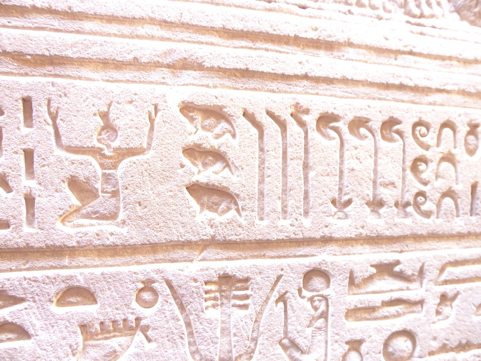 Gros plan de sculptures égyptiennes antiques sur un mur de pierre.