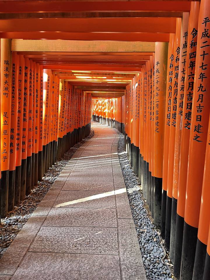 Pathway through Fushimi Inari Shrine with torii gates.