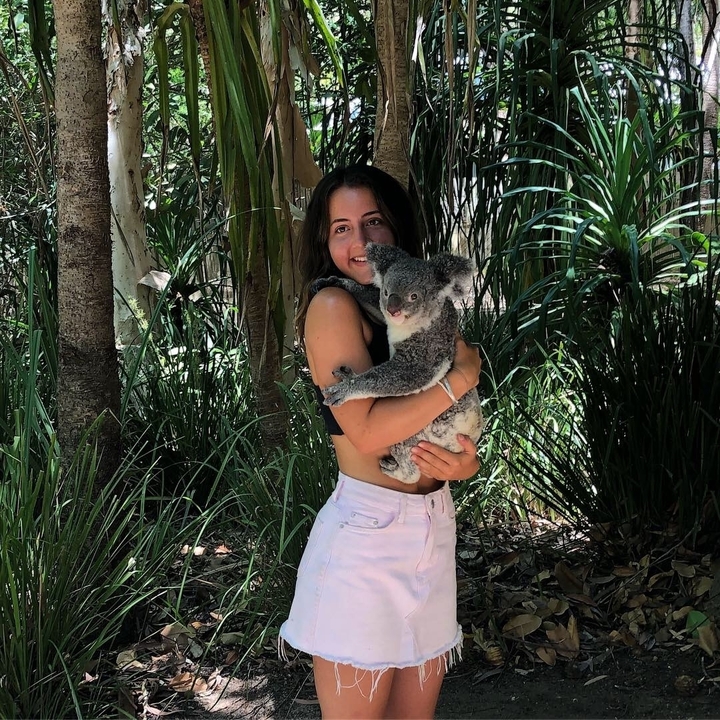 Femme tenant un koala dans un environnement verdoyant luxuriant