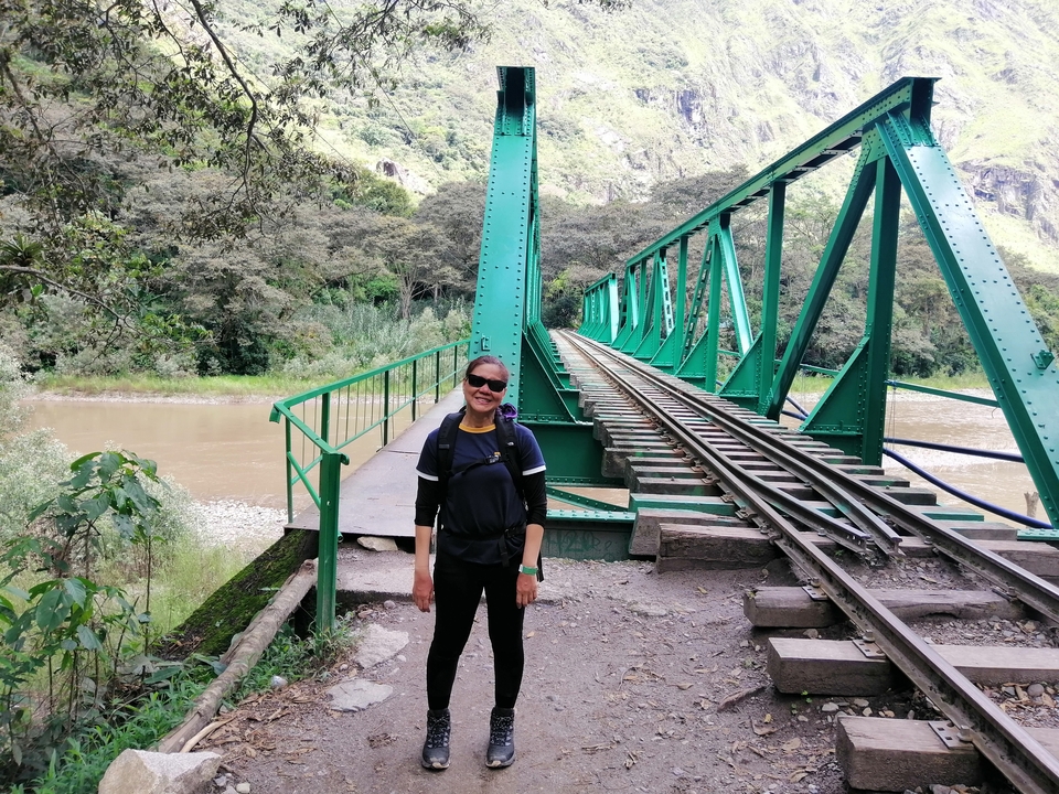Personne debout près d'un pont ferroviaire dans une zone luxuriante.