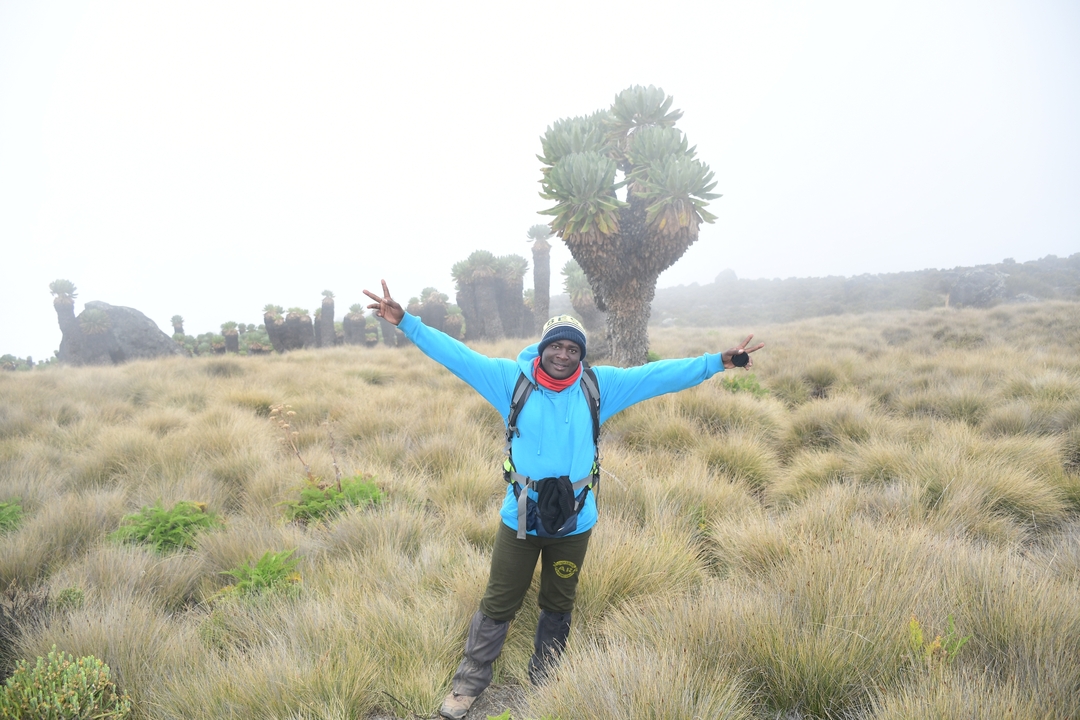Personne qui pose dans un paysage herbeux avec des arbres insolites.