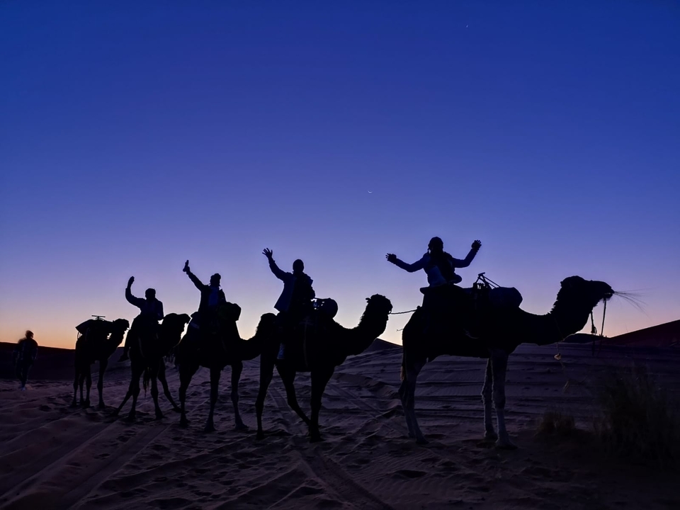 Silhouette de personnes sur des chameaux au coucher du soleil.