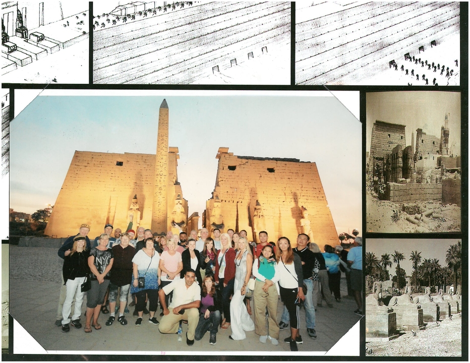 Groupe posant devant des bâtiments historiques avec collage photo.