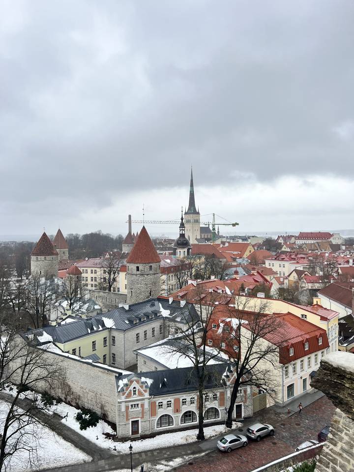 Vue élevée d'une ville enneigée avec des bâtiments aux toits rouges.