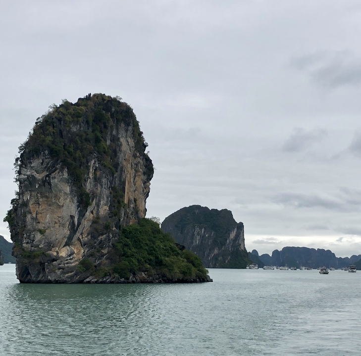 Îles calcaires emblématiques de la baie d'Halong avec des bateaux.