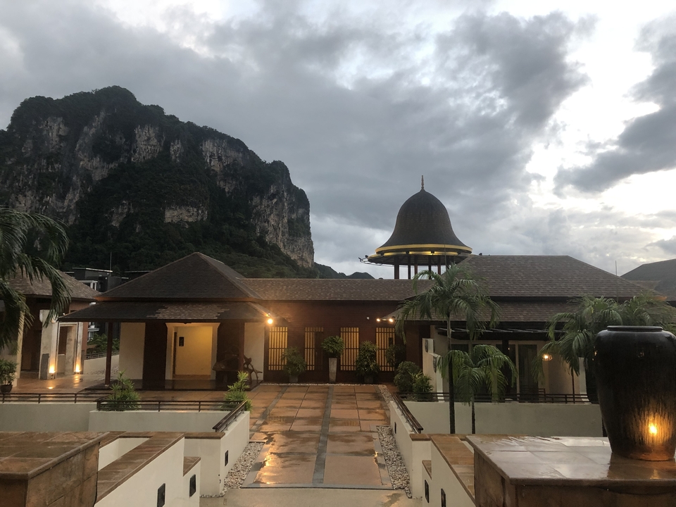 Vue de bâtiments avec un ciel nuageux et de la verdure.