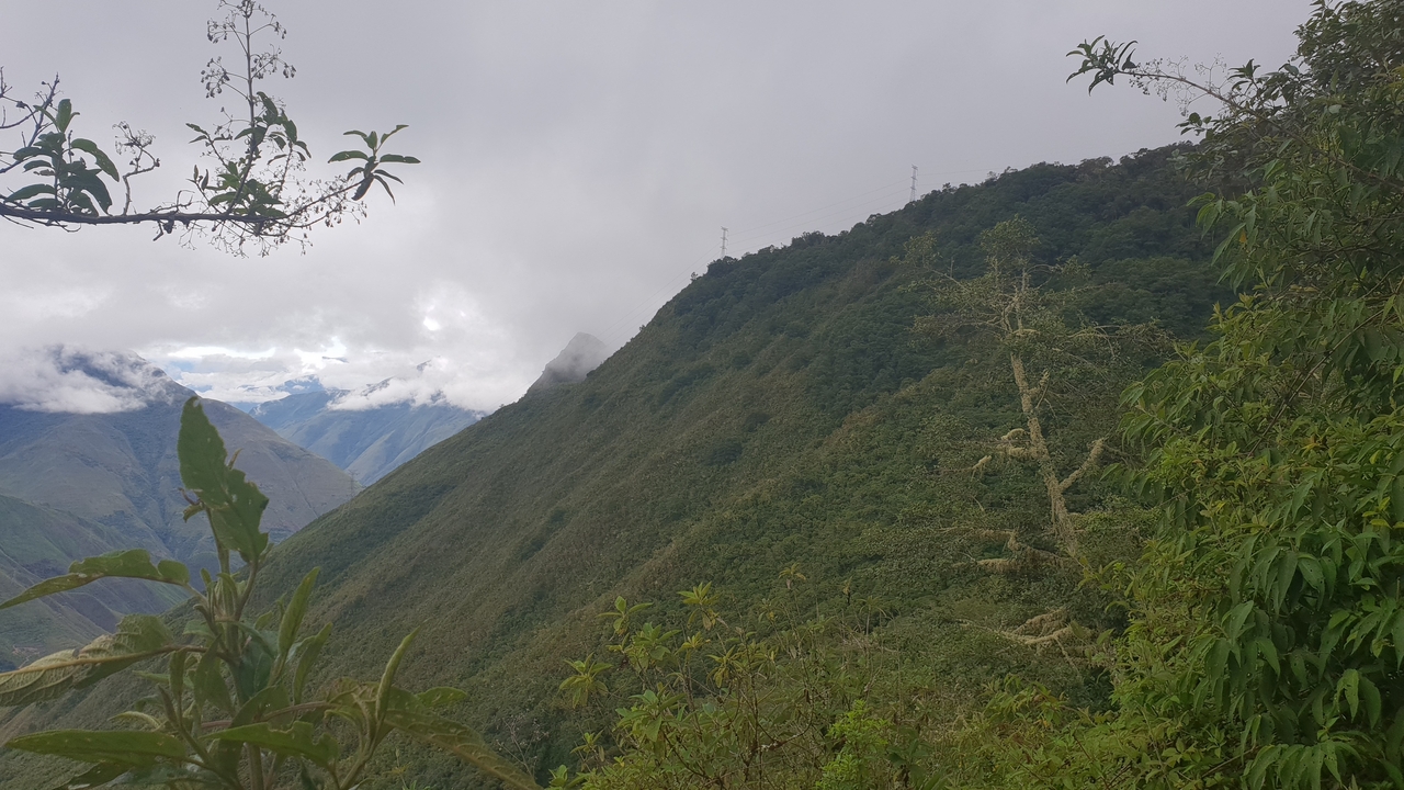 Chaîne de montagnes avec ciel nuageux et verdure.