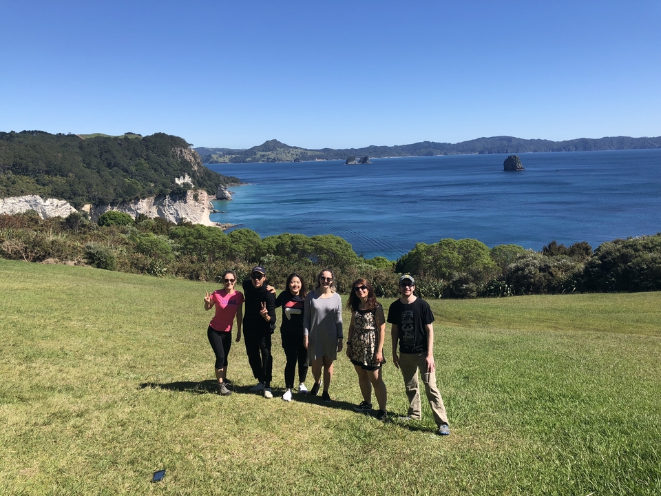 Groupe de personnes avec un décor océanique pittoresque en arrière-plan.