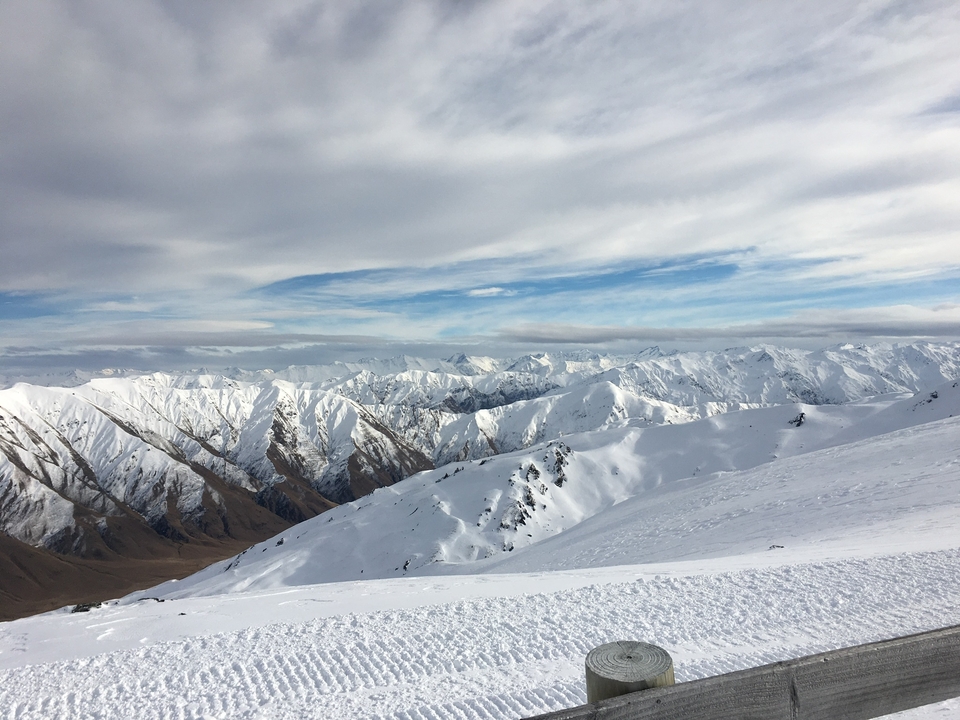 Vue panoramique de montagnes enneigées sous un ciel nuageux.