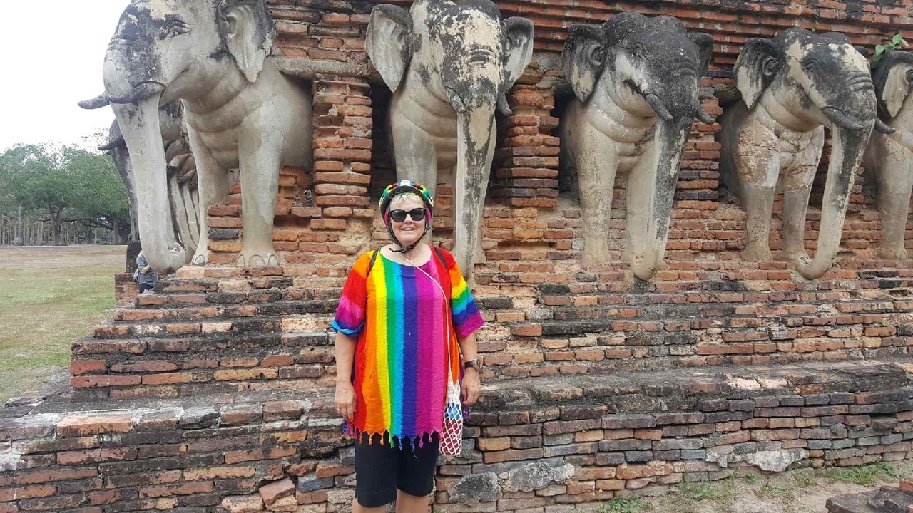 Personne en vêtements colorés debout devant d'anciennes statues d'éléphants par une journée ensoleillée.
