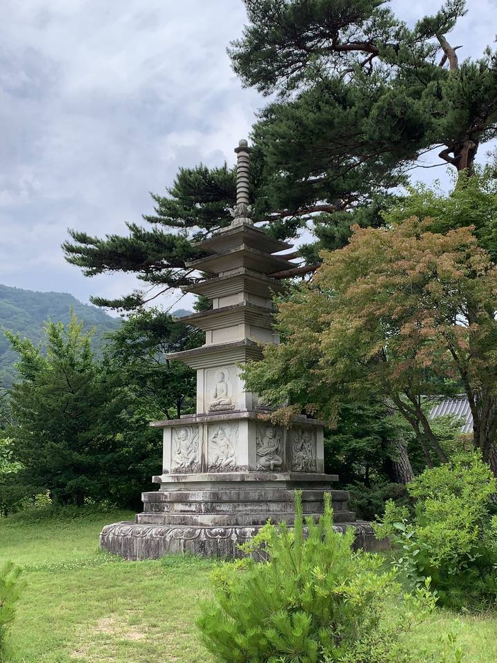 Structure semblable à une pagode entourée d'arbres.