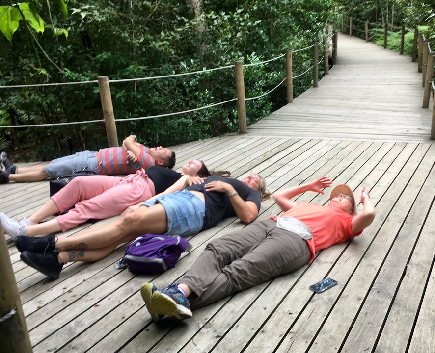 Des gens allongés sur une promenade en bois.