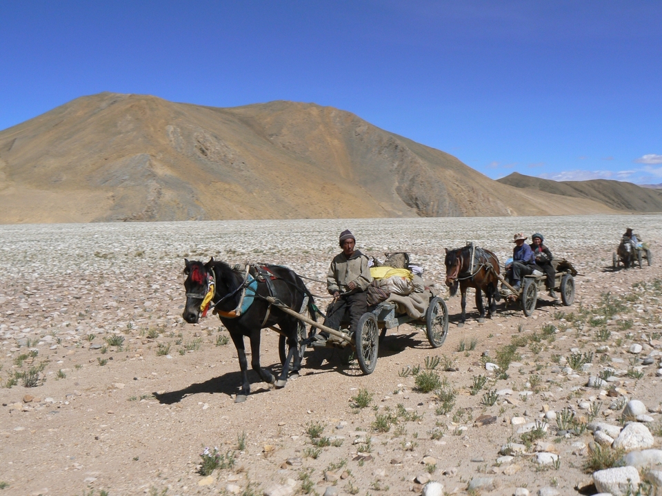 Des gens parcourant un paysage rocheux dans des charrettes tirées par des chevaux.