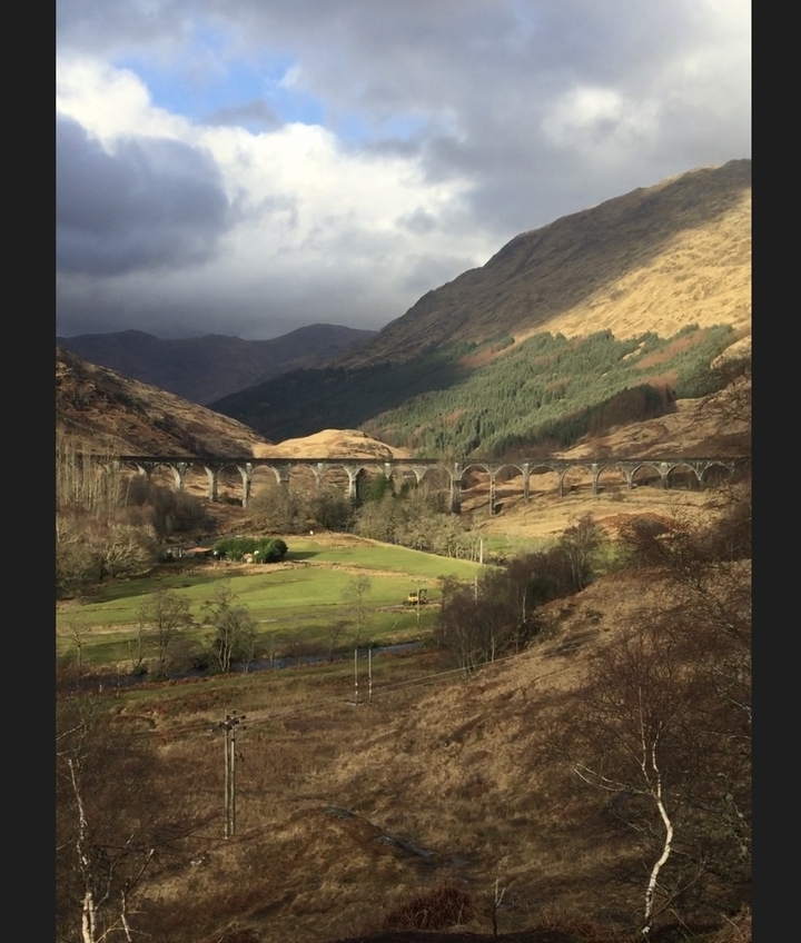 Viaduc ferroviaire en pierre dans une vallée luxuriante.