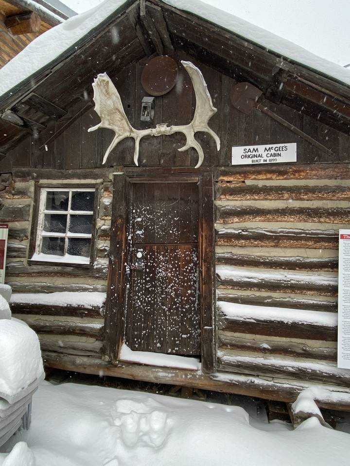 Chalet en rondins avec décoration en bois de cerf dans un environnement enneigé.