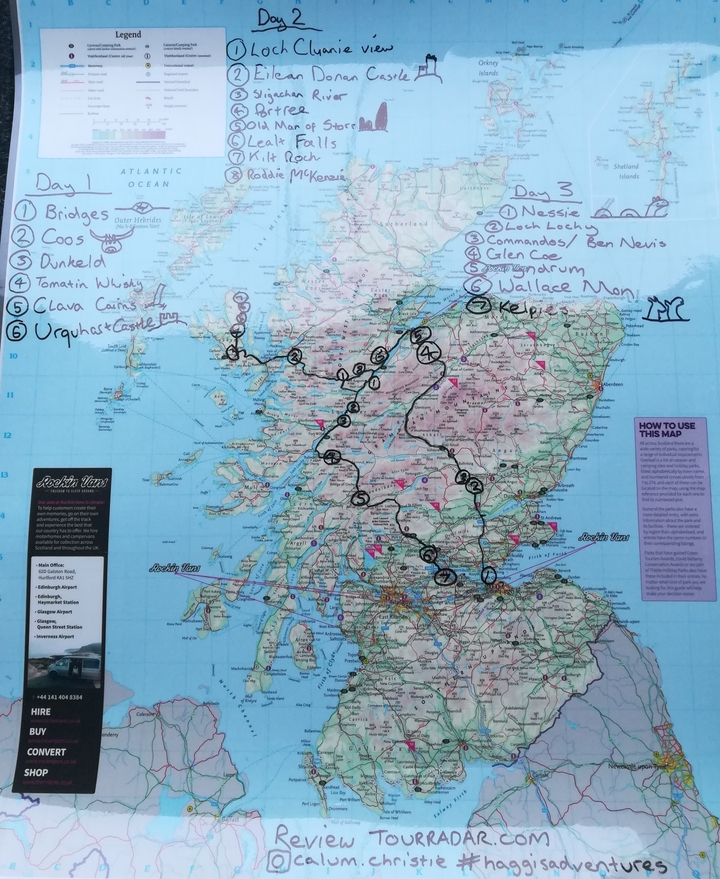 Carte montrant les itinéraires et les lieux en Écosse.