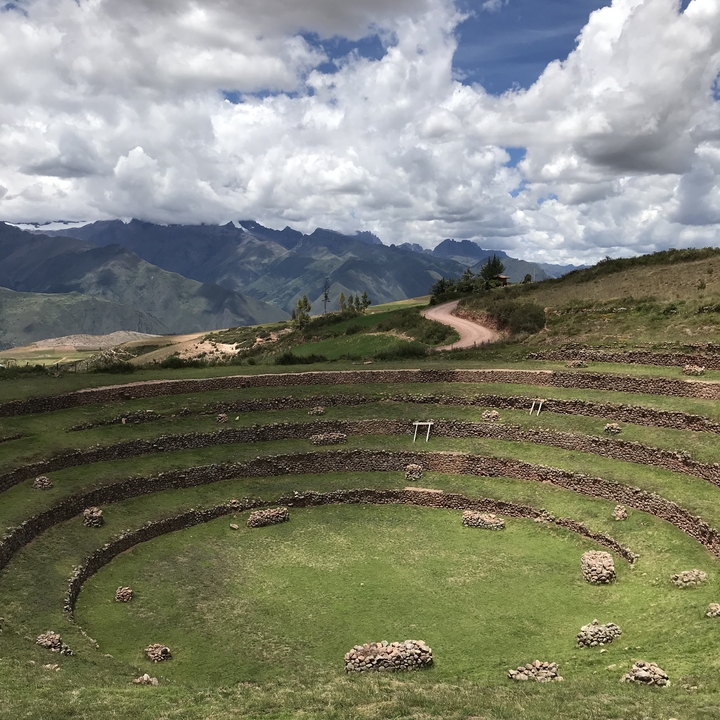 Ancient agricultural terraces in a mountainous region.