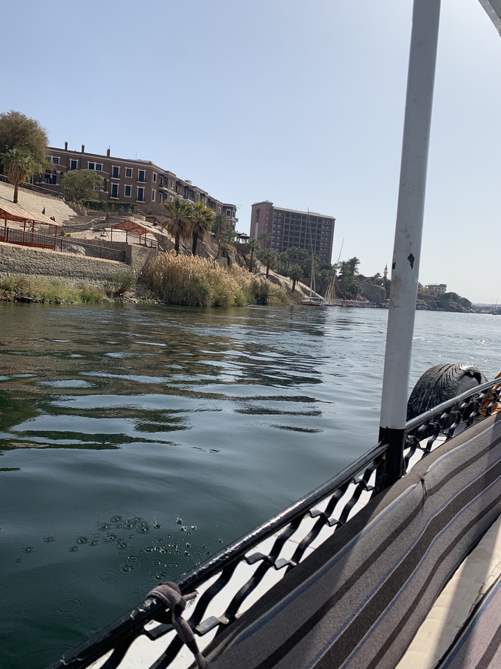 Vue depuis un bateau sur le fleuve Nil avec des bâtiments sur la rive.