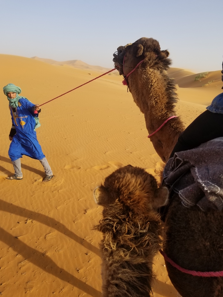 Camel ride through the desert guided by a person in traditional attire.
