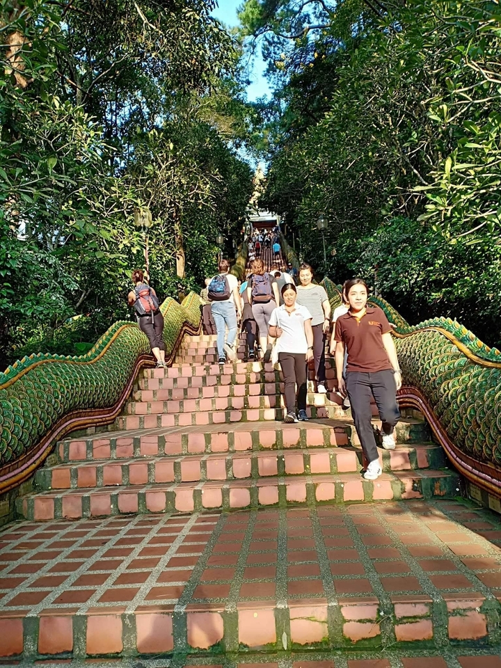 Des visiteurs descendant les escaliers décorés du temple.