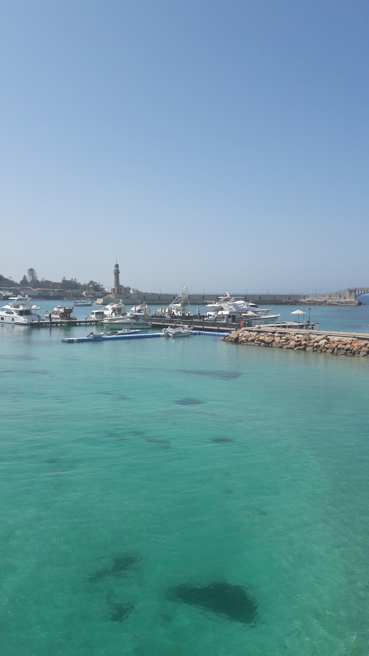 Petit port de plaisance avec des bateaux amarrés dans une eau bleu clair.