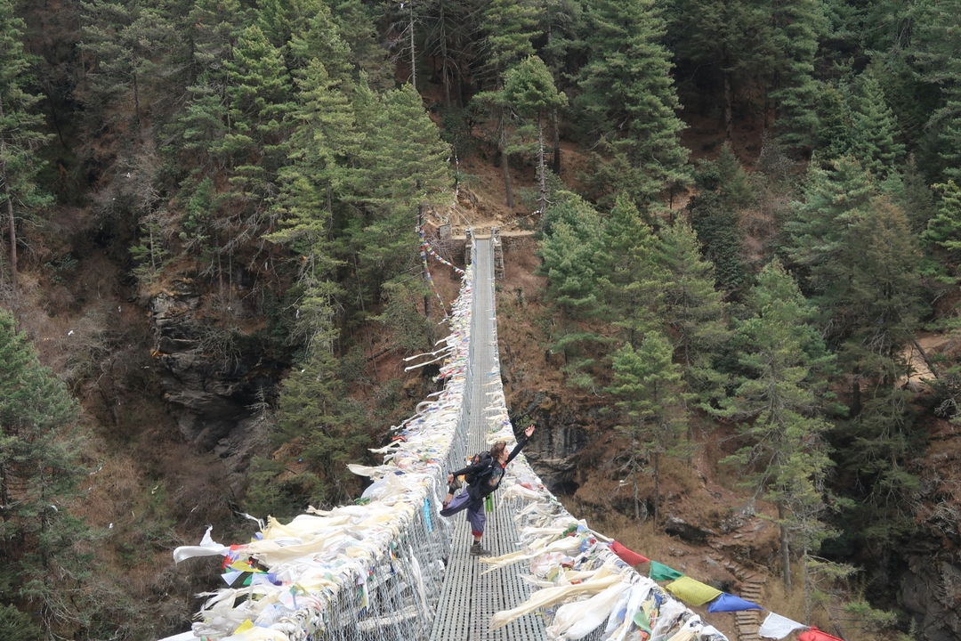 Pont suspendu orné de drapeaux de prière au-dessus d'une vallée boisée.