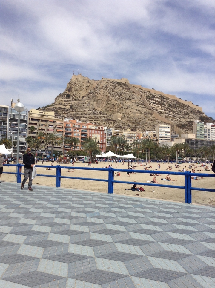 Bord de mer avec des baigneurs de soleil et un horizon urbain.
