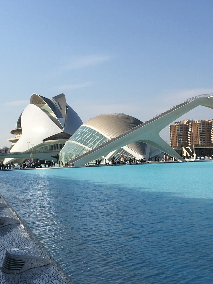 Futuristic architecture of an opera house and bridge.