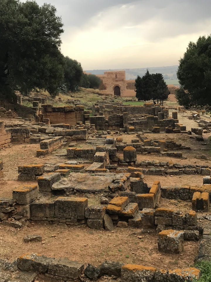 Ruines anciennes dans un site archéologique avec des structures en pierre.