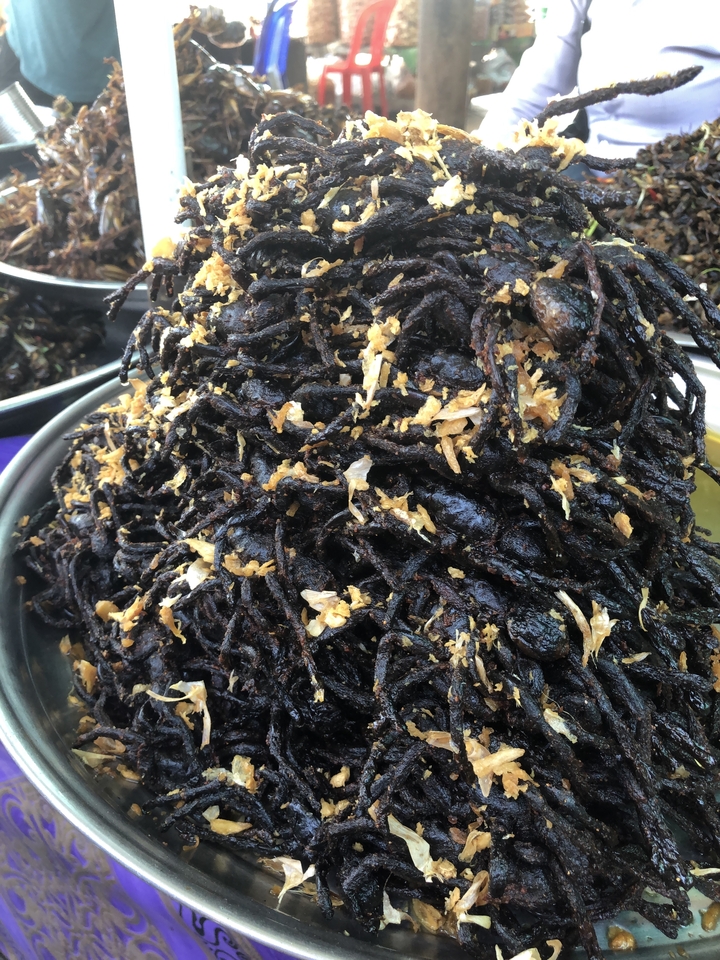 Gros plan d'insectes frits dans un plat.