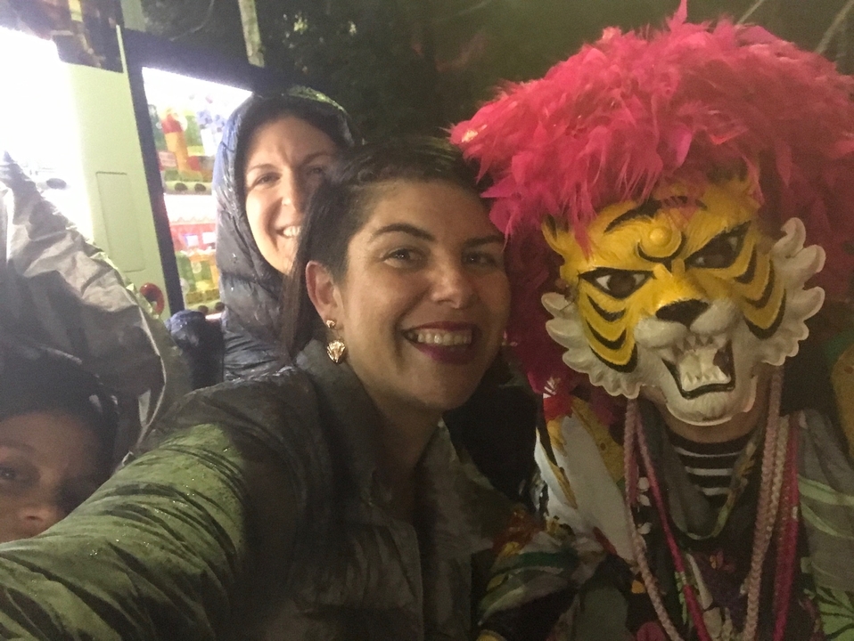 Groupe de personnes portant des costumes, y compris une personne avec un masque de tigre.