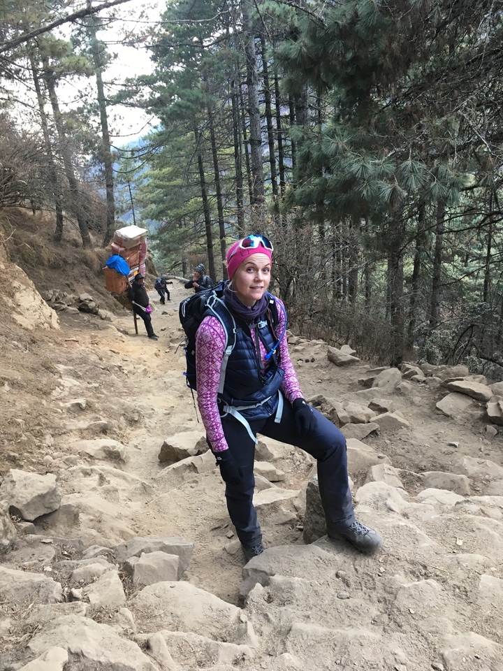 Personne faisant de la randonnée sur un sentier forestier.