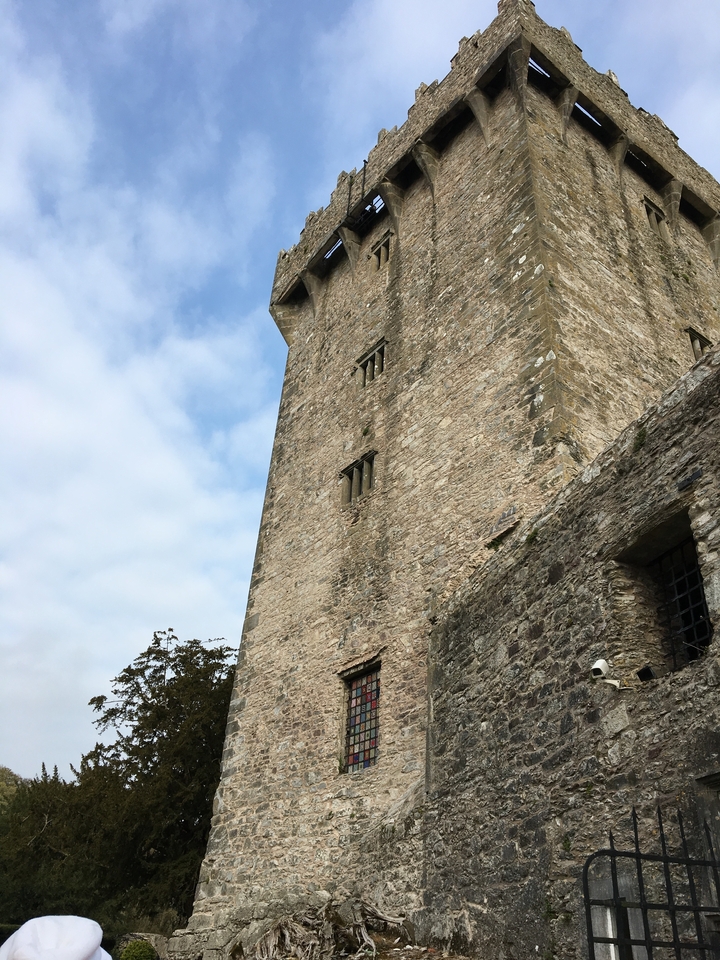 Tour de château en pierre sous un ciel bleu.