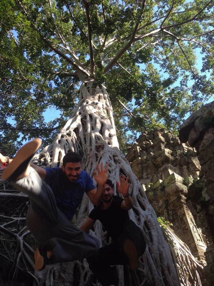 Groupe de personnes posant devant un arbre massif aux racines tortueuses.